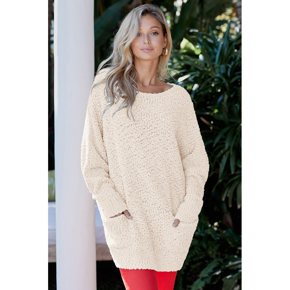 Womens Long Knit Sweater Solid Color Round Neck Long Sleeve Loose Fit Autumn Winter Casual Wear Wholesale