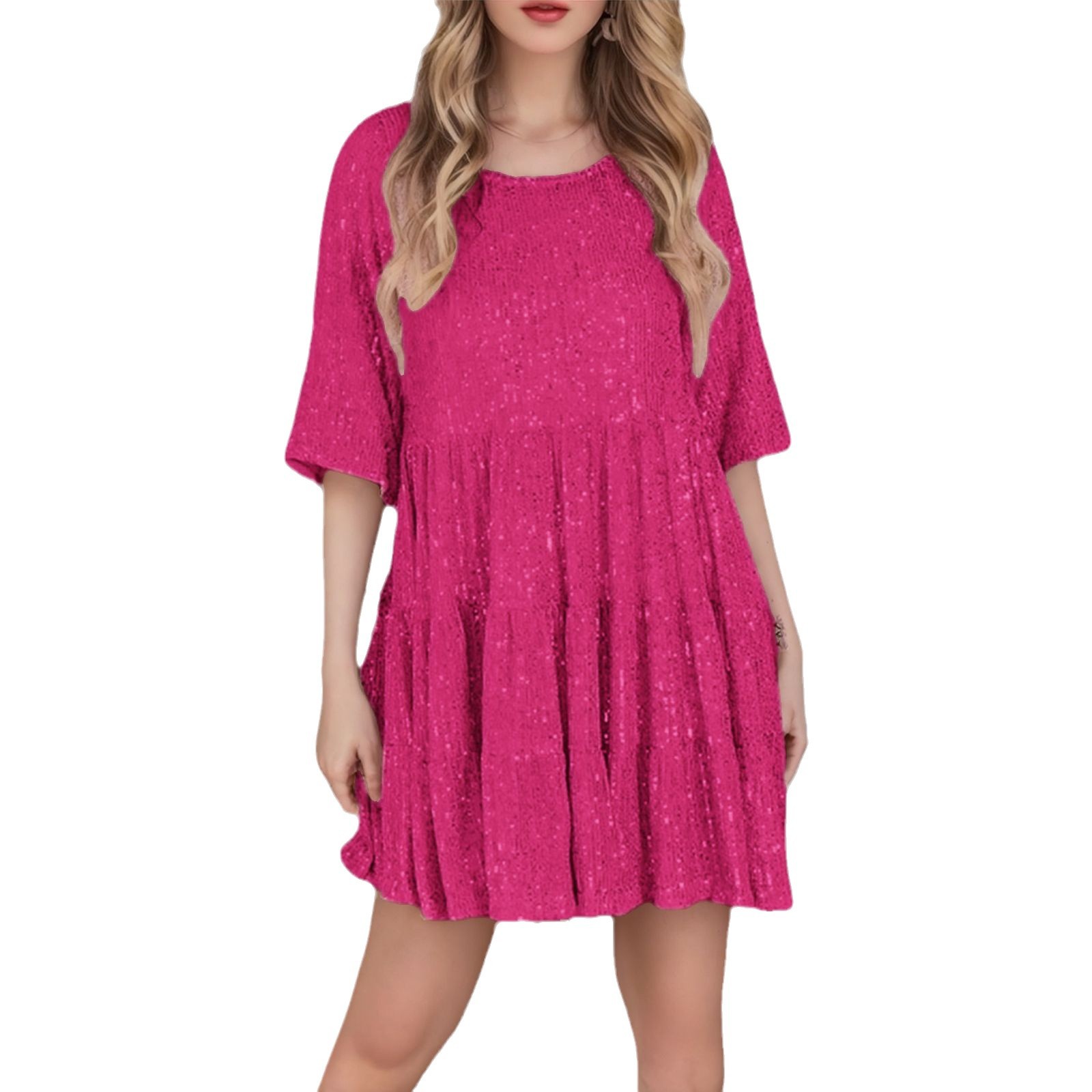 European and American Market, Women's Short Sleeve Dress — Round Neck, Loose Fit, Sequin Detail — Party, Evening Wear — Wholes