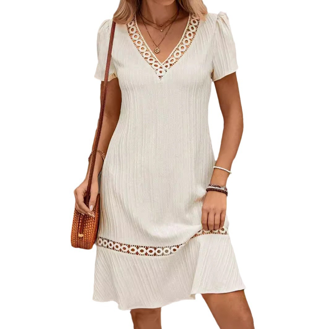 Lace Trim V Neck Loose Fit Dress Summer Style Casual Wear for Women Available for Wholesale custom packaging