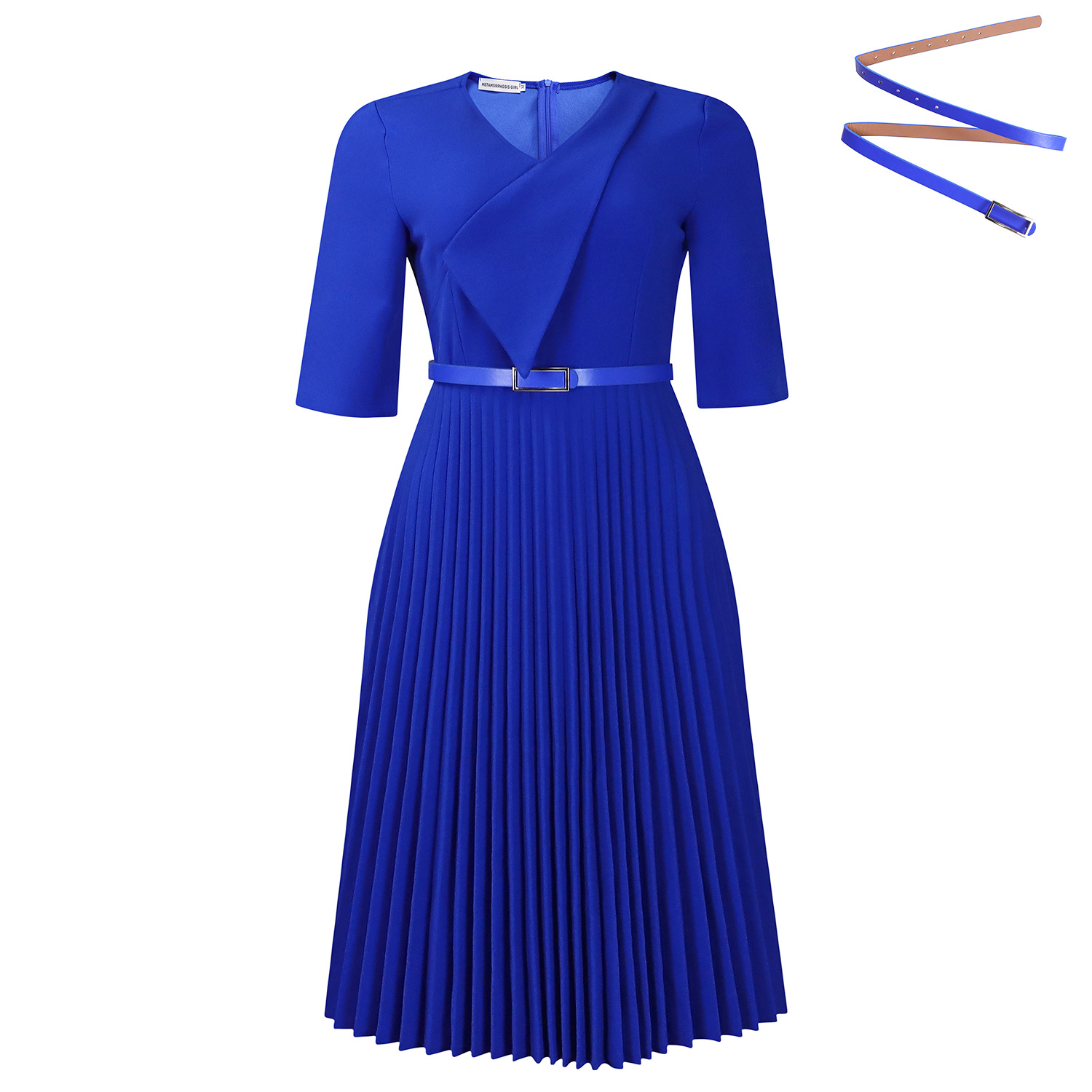 Fashionable Women's Solid Color V Neck Dress with Pleated Design for African Cross Border Trade, Elegant and Stylish Look
