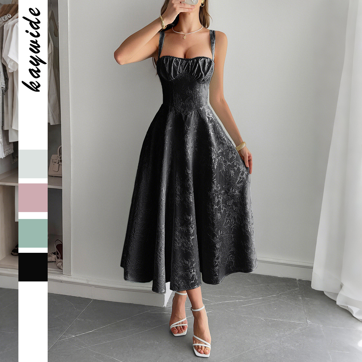 Elegant European and American Style Jacquard Long Dress with Adjustable Waist and Bow Detail, Sleeveless, A line, Long Length