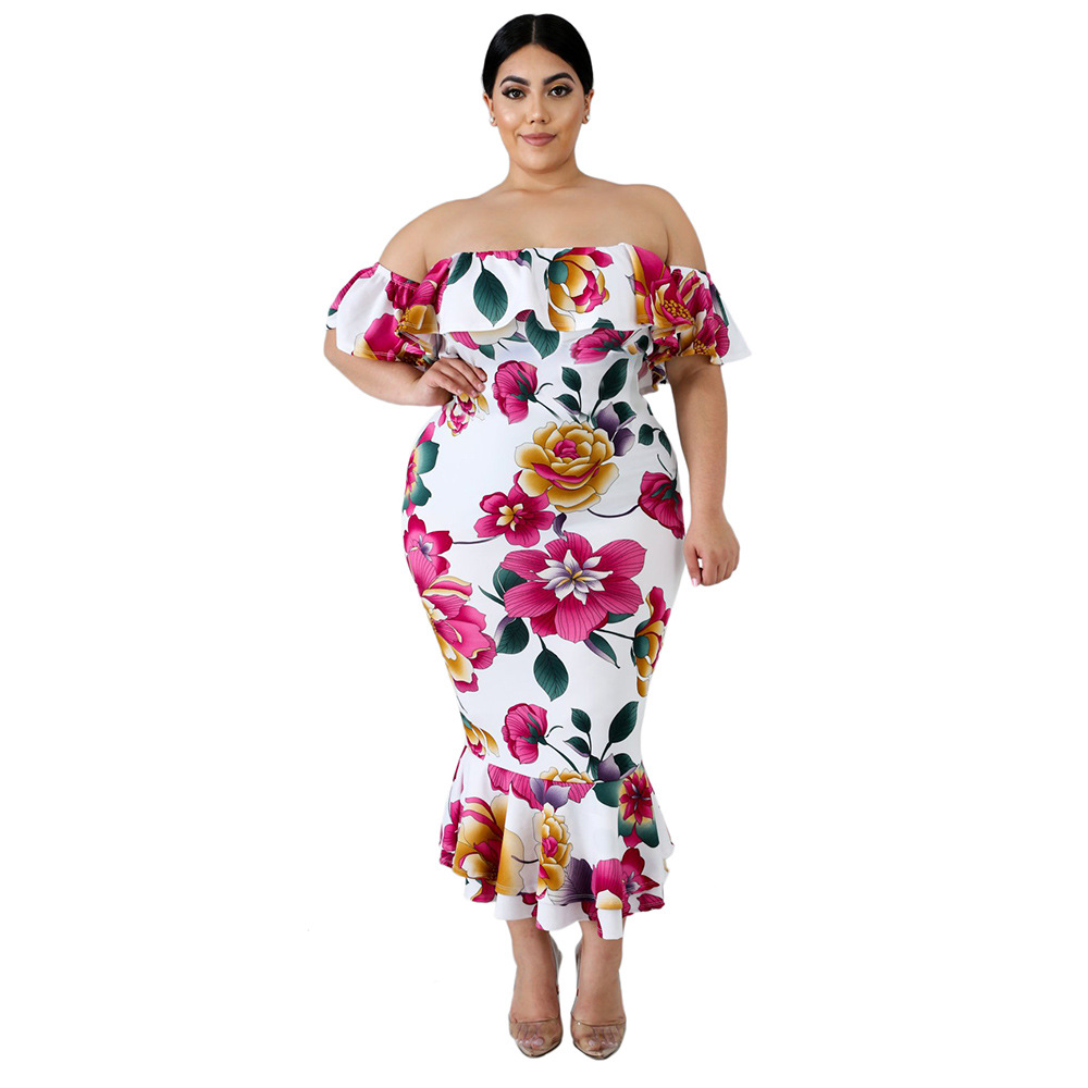 Summer Floral Print Ruffle Off Shoulder Dress Sexy Short Sleeve Mermaid Hem Plus Size Evening Party Wear Wholesale