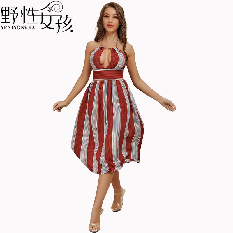 Striped Backless Halter Dress Sexy Design Comfortable Fabric Versatile Style Perfect for Summer Parties Wholesale
