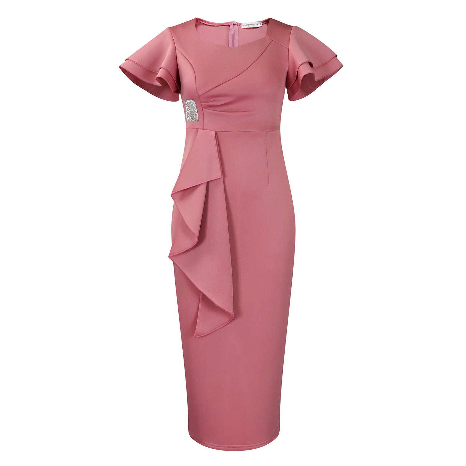 Elegant Ruffle Hem Solid Color Bodycon Dress for Women, Fashionable and Stylish, Perfect for Cross Border and European Markets