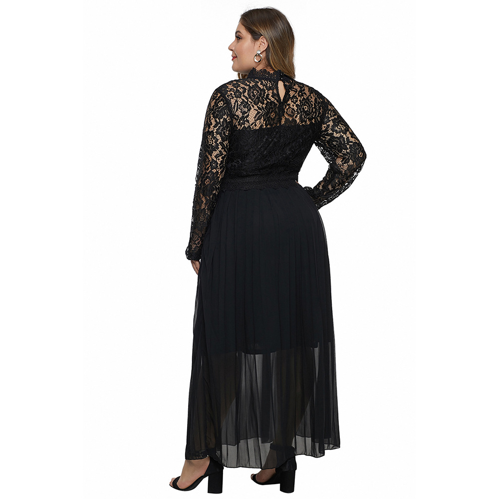 Plus Size High Neck Lace Hollow Out Long Sleeve Dress Elegant Design High Waist Perfect for Spring and Autumn