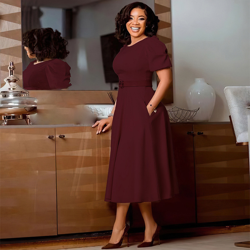 Elegant Women's A Line Dress with Round Neck, Puff Sleeves, and Waist Cinching Design for Cross Border Fashion in Africa and E