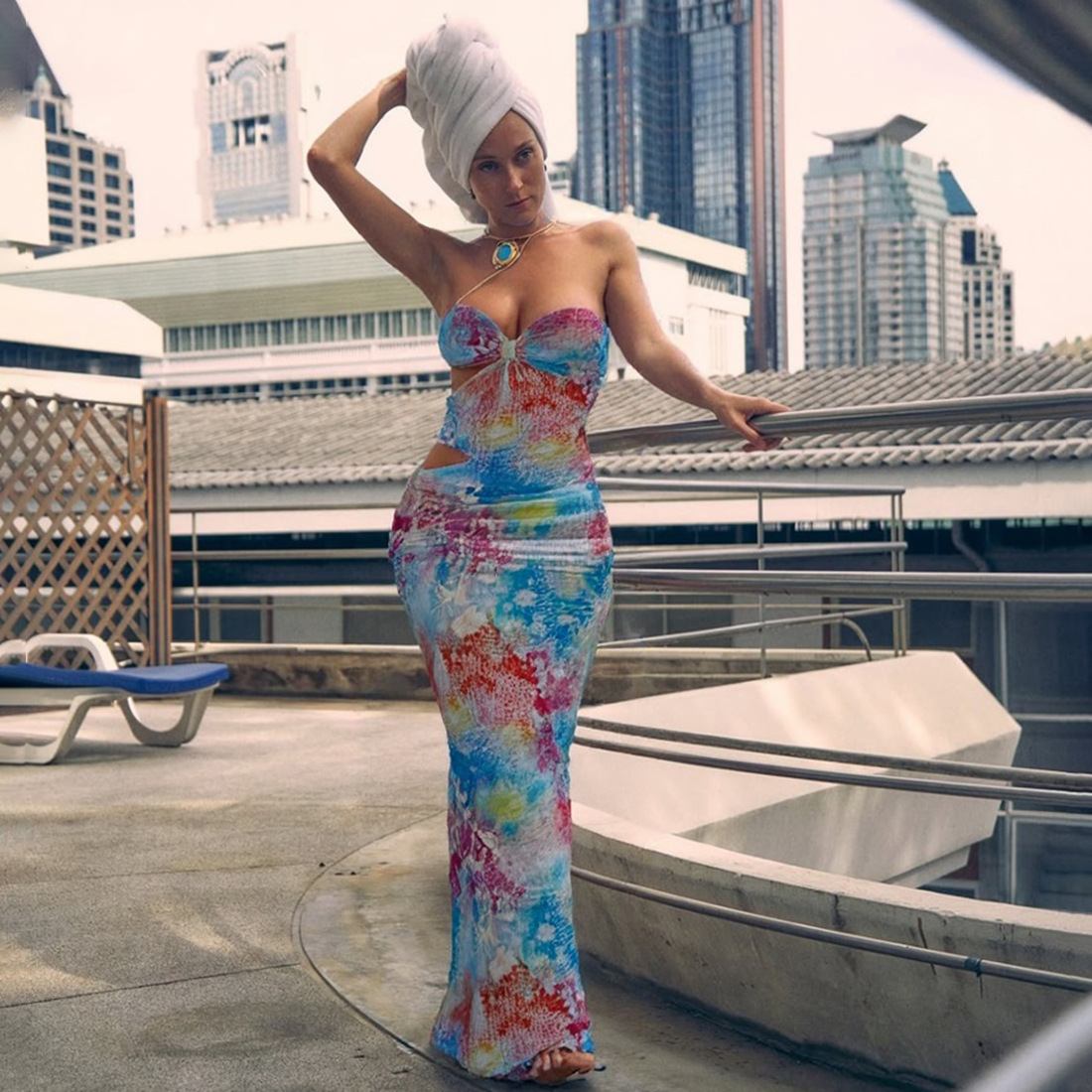 New Spring Summer Women's Fashion Sexy Hollow Out Sleeveless Color Block Printed Strapless Bodycon Maxi Dress