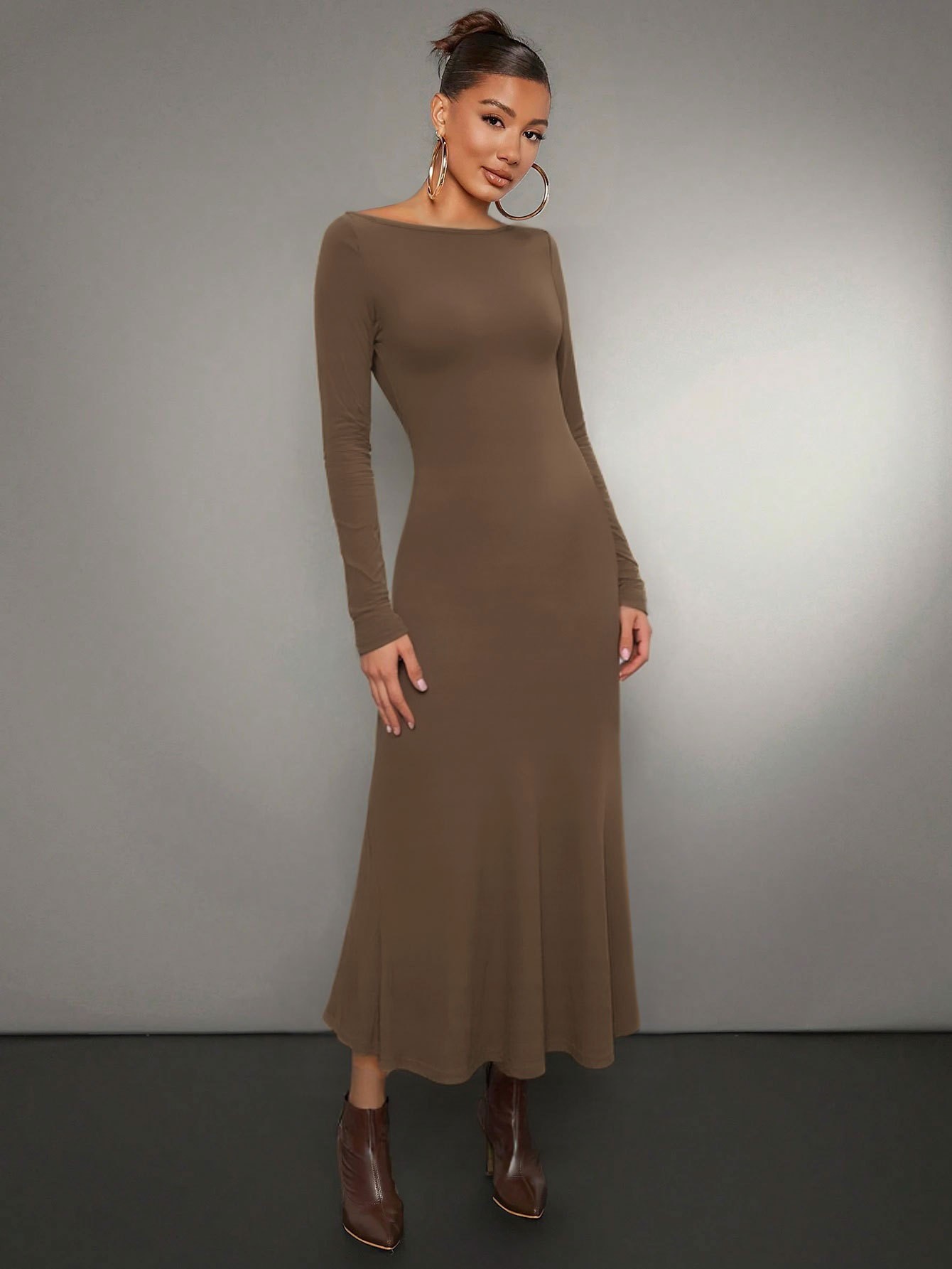 Solid Color Long Sleeve Dress Tight Fishtail Dress Off Shoulder Slim Fit Midi Dress