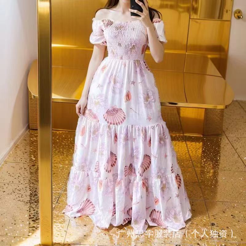 New Spring Summer European and American Foreign Trade Women's Dress One Shoulder Floral Dress Fashion Off Shoulder Long Dress