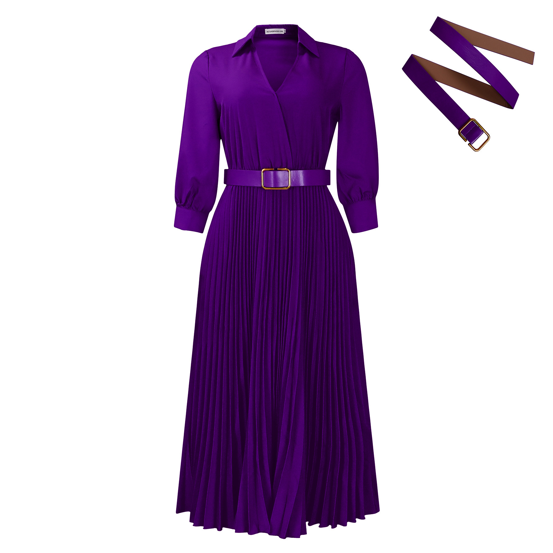 Fashionable V Neck Solid Color Long Sleeve Pleated Maxi Dress for Women, Elegant Spring Collection, Perfect for Casual and For