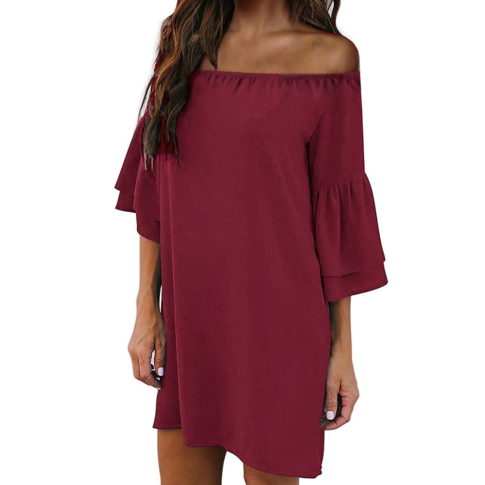 Off Shoulder A Line Dress Solid Color Three Quarter Sleeves Knee Length Casual Wear Summer Fashion Wholesale