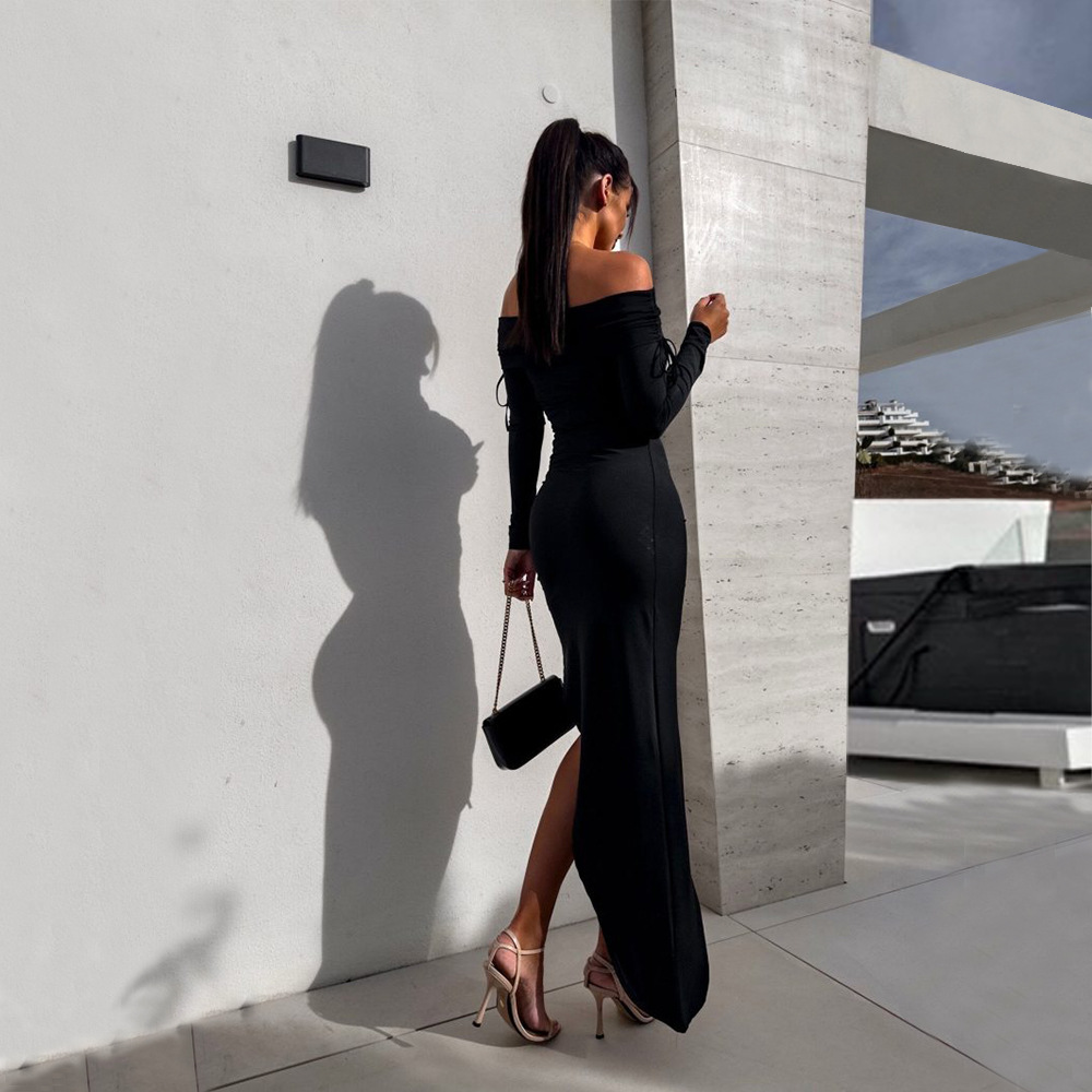 Off Shoulder Midi Dress Elegant Slim Fit Autumn Winter Sexy Style Wholesale Availability OEM ODM service
