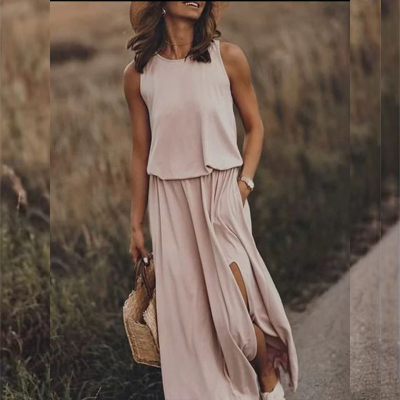 Summer New European and American Vacation Style Solid Color Round Neck Sleeveless Spaghetti Strap Lantern Split Long Dress