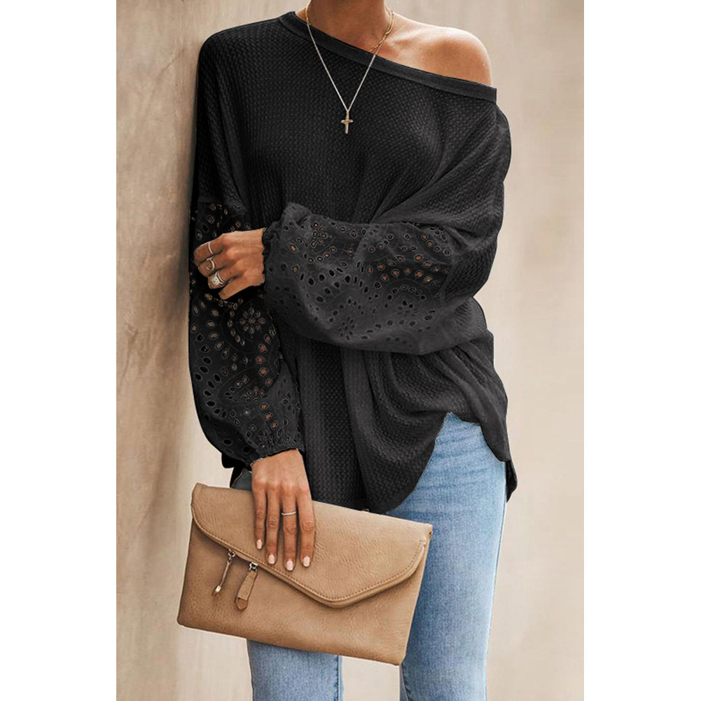 Womens Loose Fit Hollow Out Long Sleeve Top Solid Color Off Shoulder Asymmetrical Neckline Spring Summer Fashion