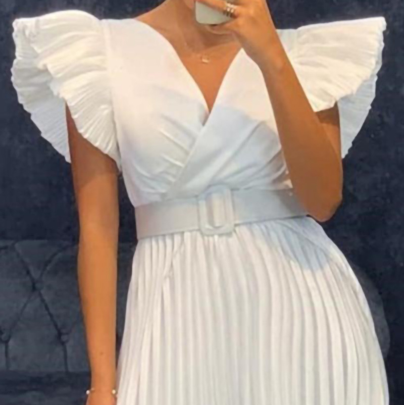 European and American Foreign Trade Women's Sexy V neck Flutter Sleeve Pleated Cross border Dress with Belt