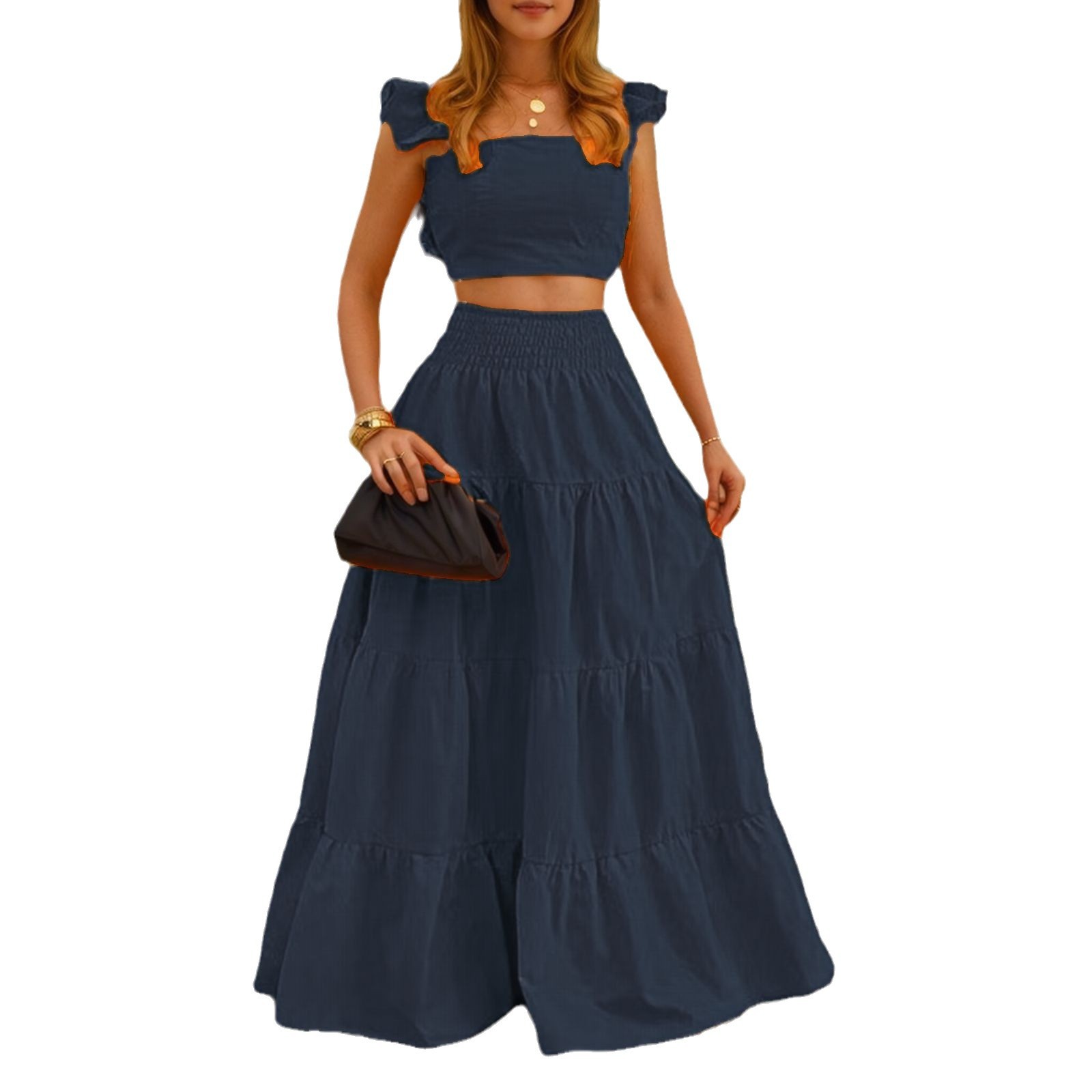 Summer New European and American Style Elegant Sexy Solid Color Mid Waist Strap Swing Two piece Dress Set