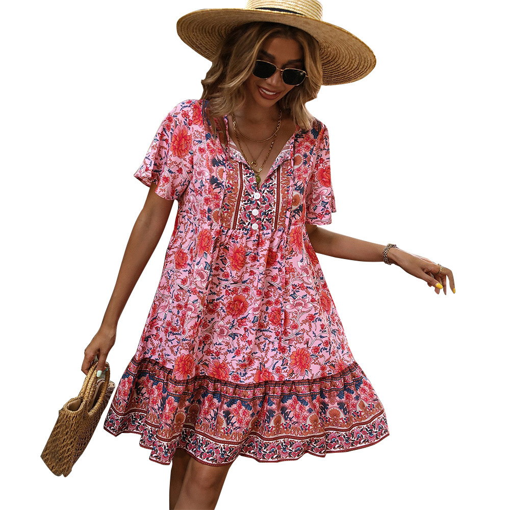European and American Market Bohemian Floral Print Dress — V Neck, Loose Fit, Casual Style — Vacation Wear — Wholesale Supply
