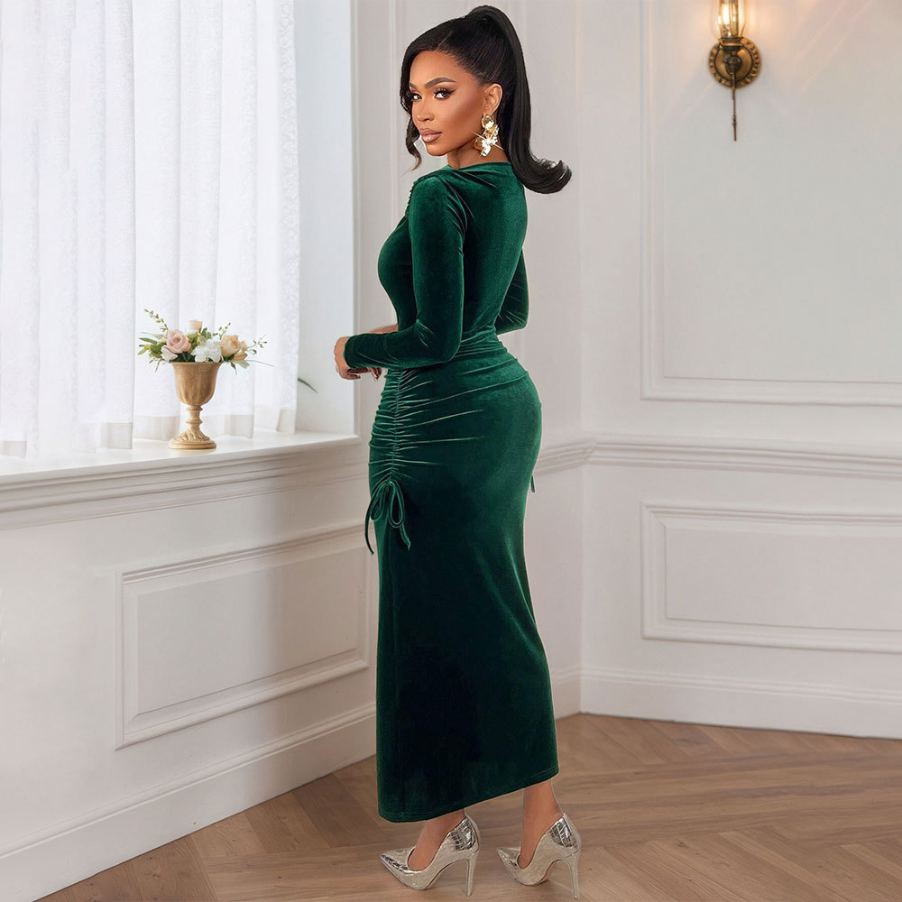 Velvet Maxi Dress for Women Dark Green Long Sleeve Slim Fit Side Pleats Elegant Autumn Winter Wear Wholesale