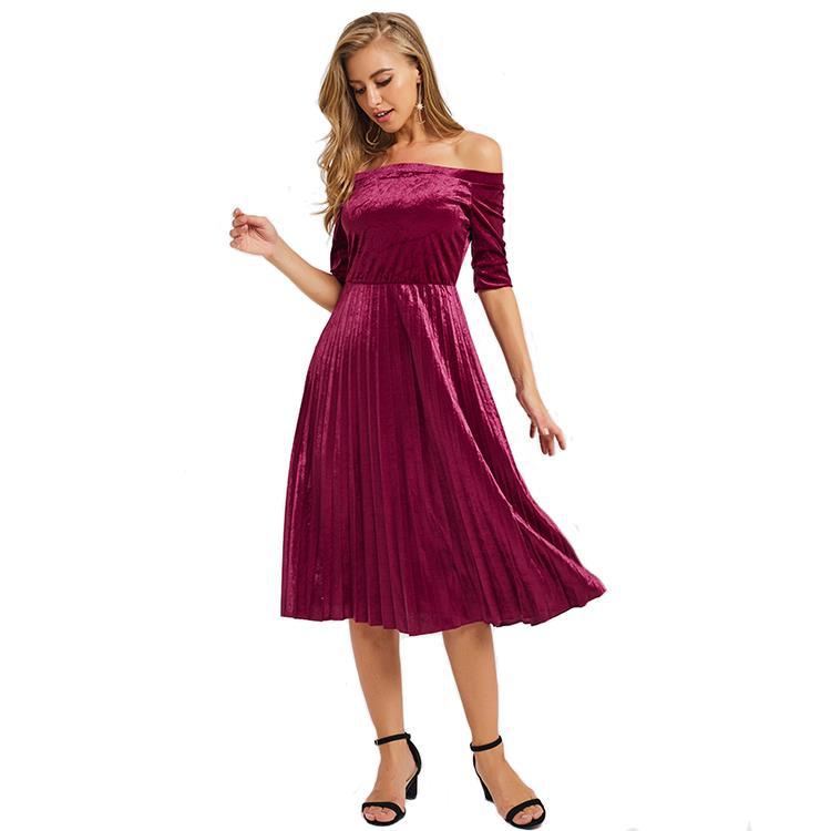 Off Shoulder Pleated Dress Spring Fashion Casual Style Streetwear Womens Basic Essential Available in Multiple