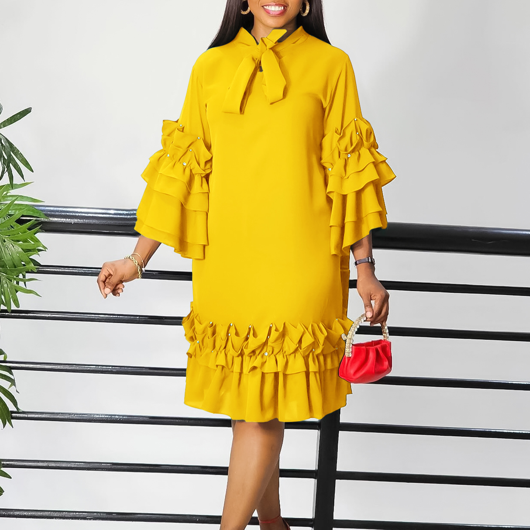 Elegant Women's Fashion Dress with Ruffled Layers, Bell Sleeves, and Tie Detail, Loose Fit, Ideal for International Trade
