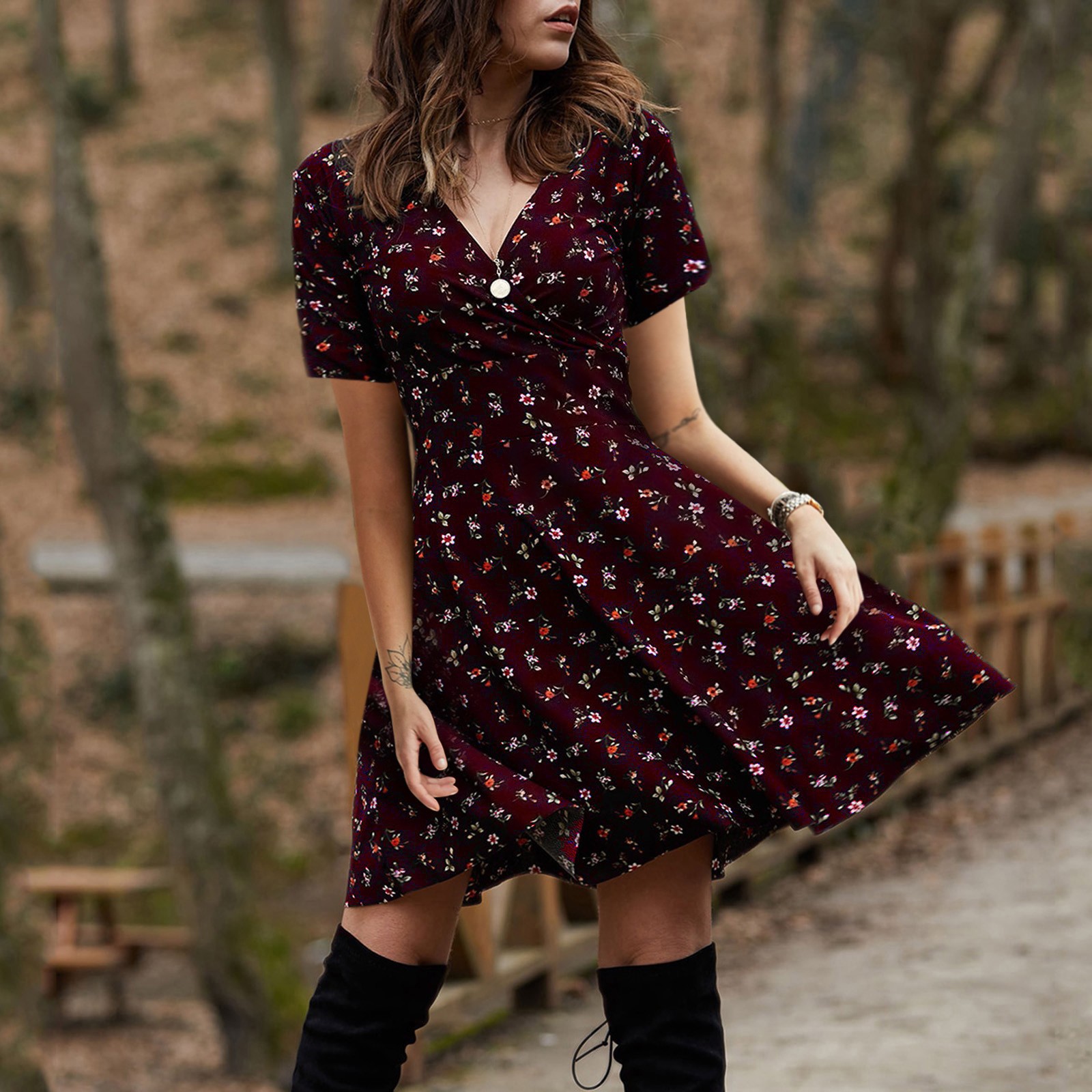 Womens Vintage Floral Maxi Dress Elegant V Neck Short Sleeve Flared Silhouette Casual Summer Wear Wholesale