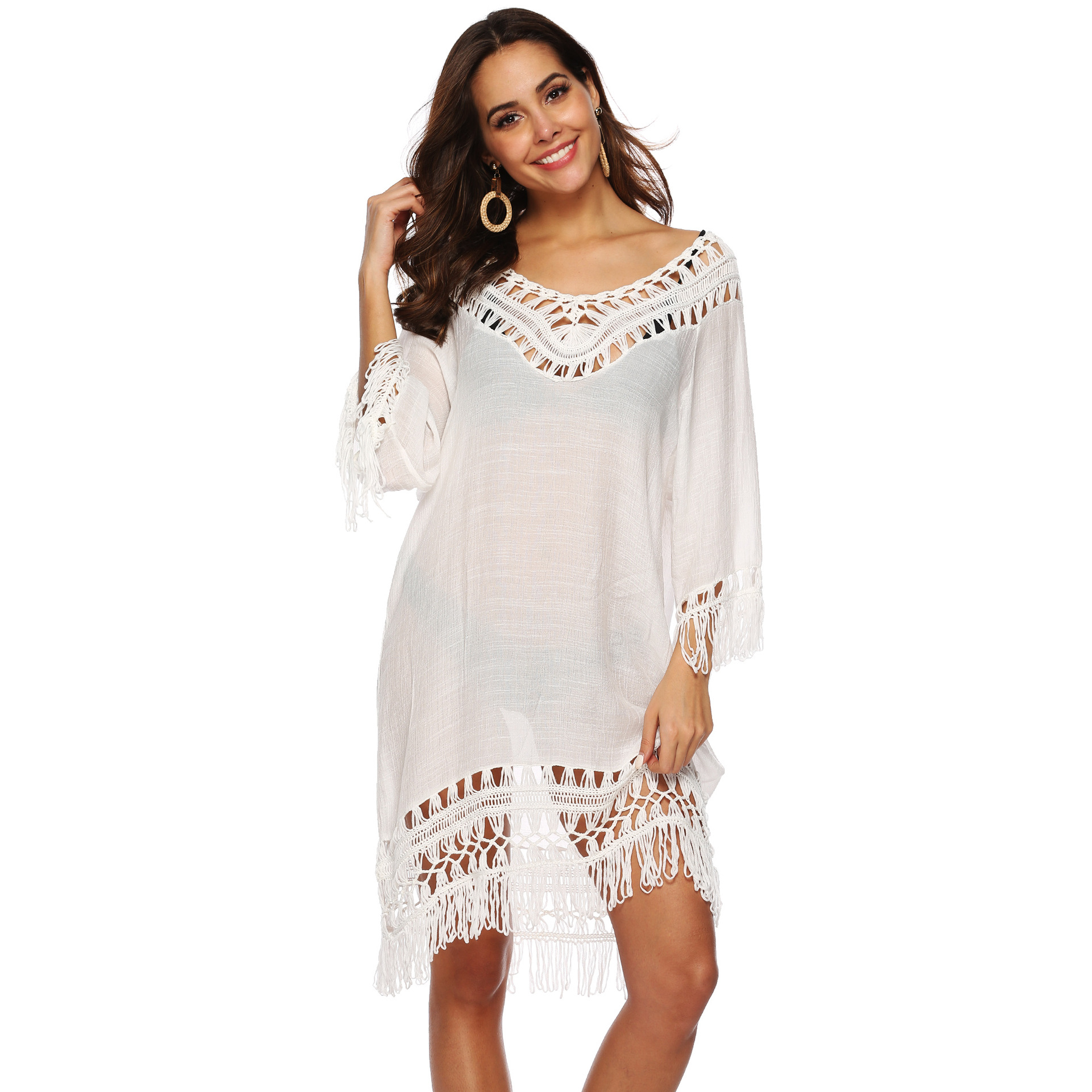 Deep V Hollow Out 3 4 Sleeve Fringe Patchwork Irregular Beach Cover Up Dress Lightweight Stylish Summer Essential