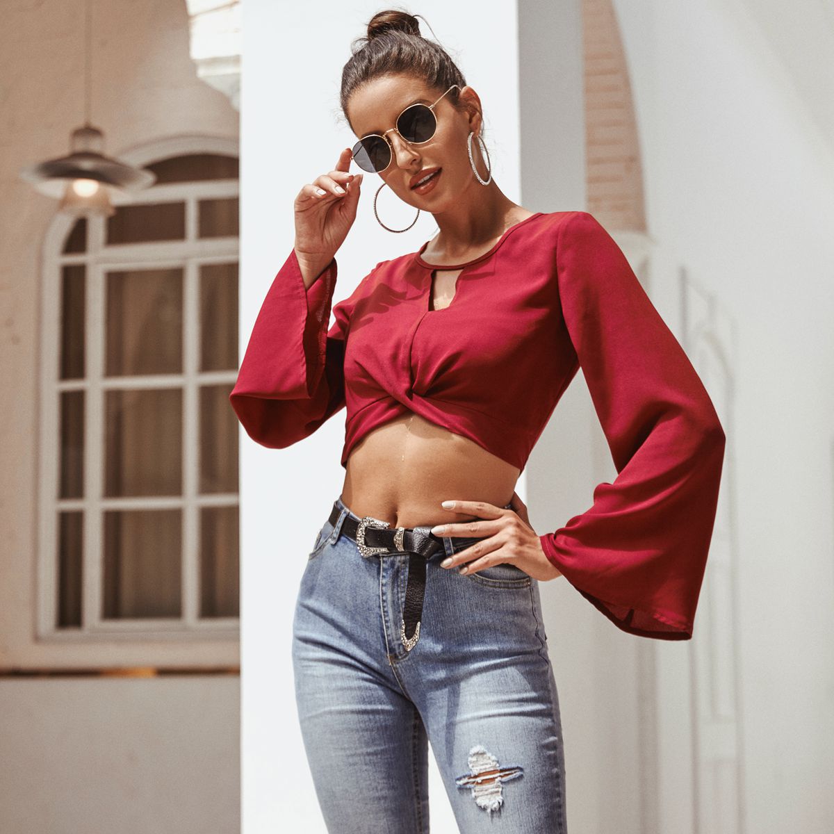 Womens Flare Sleeve Round Neck T Shirt Elegant Design Comfortable Fabric Versatile Style Perfect for Casual Wear