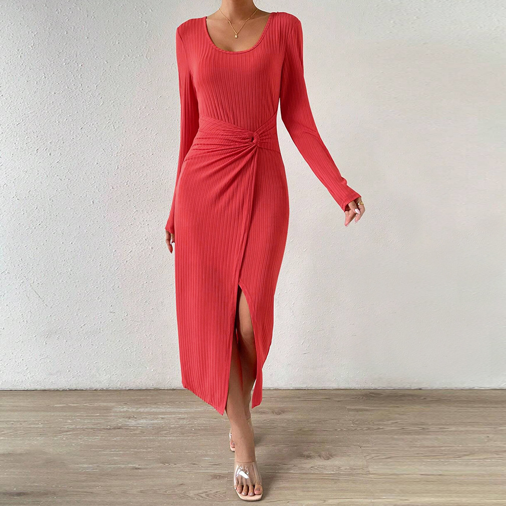 Autumn Winter New Elegant Commuter Sexy Slit Bodycon Solid Color Dress