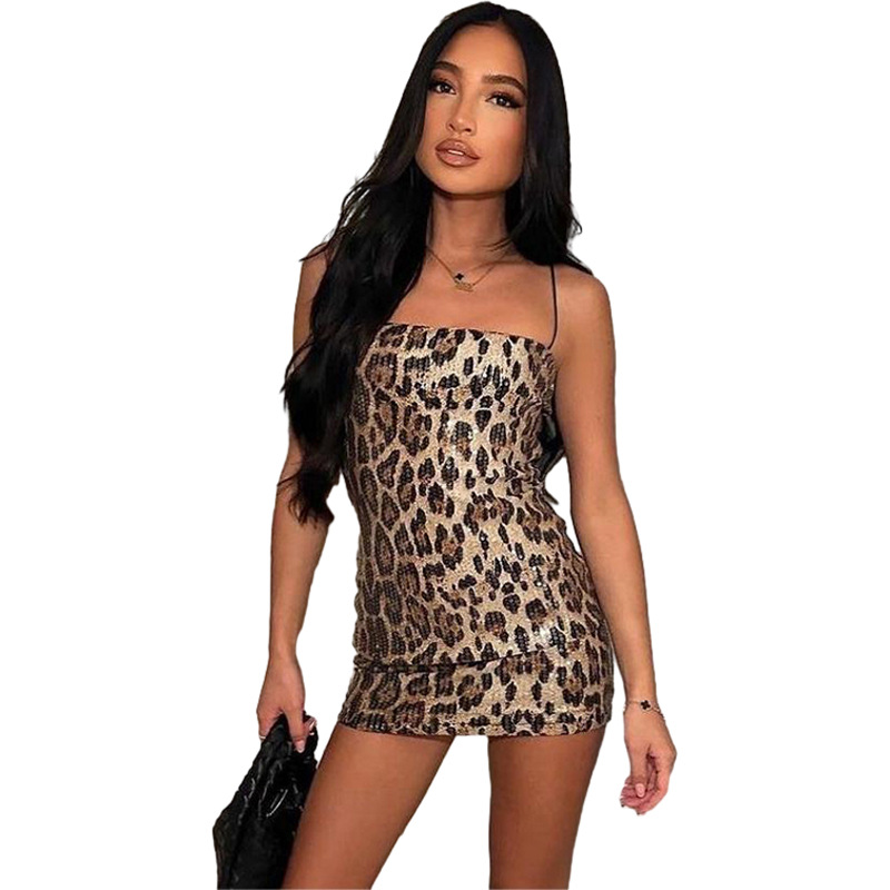 European and American Women's Fashion Personality Sexy Printed Sequin Leopard Print Sling Bodycon Dress