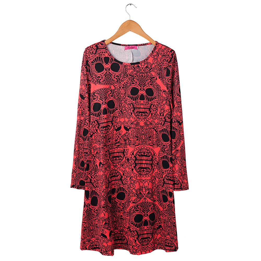 Womens Christmas Dress Long Sleeve Skull and Pumpkin Print Autumn Winter Style Perfect for Holiday Parties