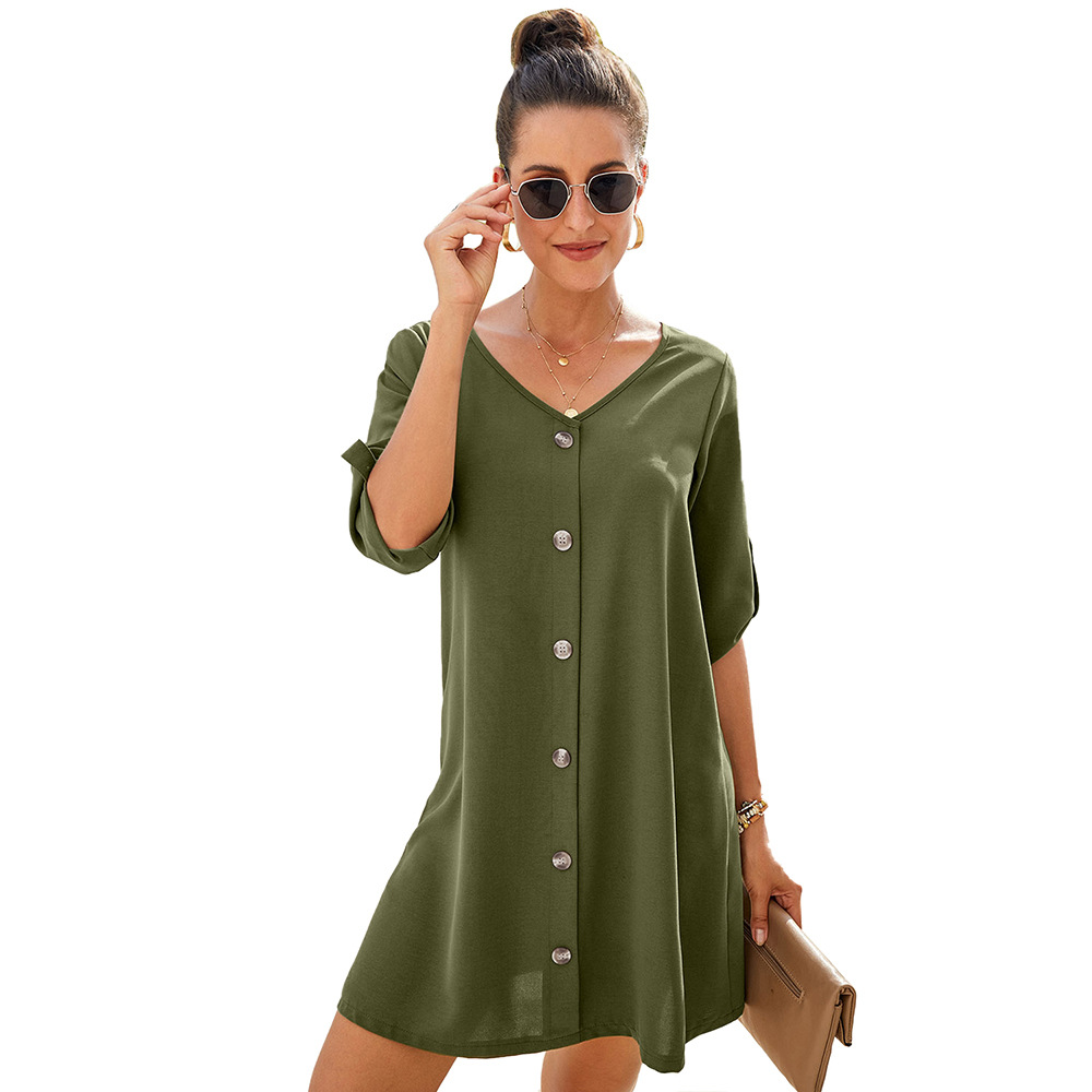 Womens A Line Dress Loose Fit V Neck Button Design Three Quarter Roll Up Sleeves Plus Size Autumn Fashion