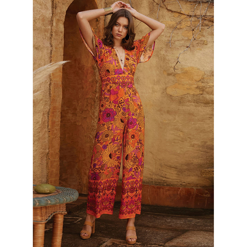 Vintage Floral Jumpsuit for Women V Neck Short Sleeve Loose Fit High Waist Wide Leg Summer Casual Wear