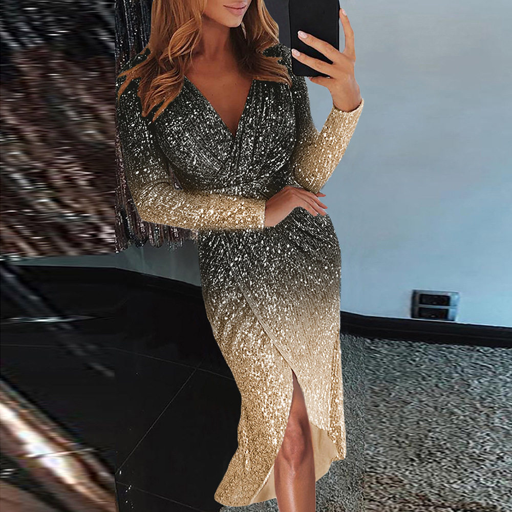 Sequin Evening Dress Color Block V Neck Long Sleeve High Slit Birthday Party or Formal Event Wholesale Available
