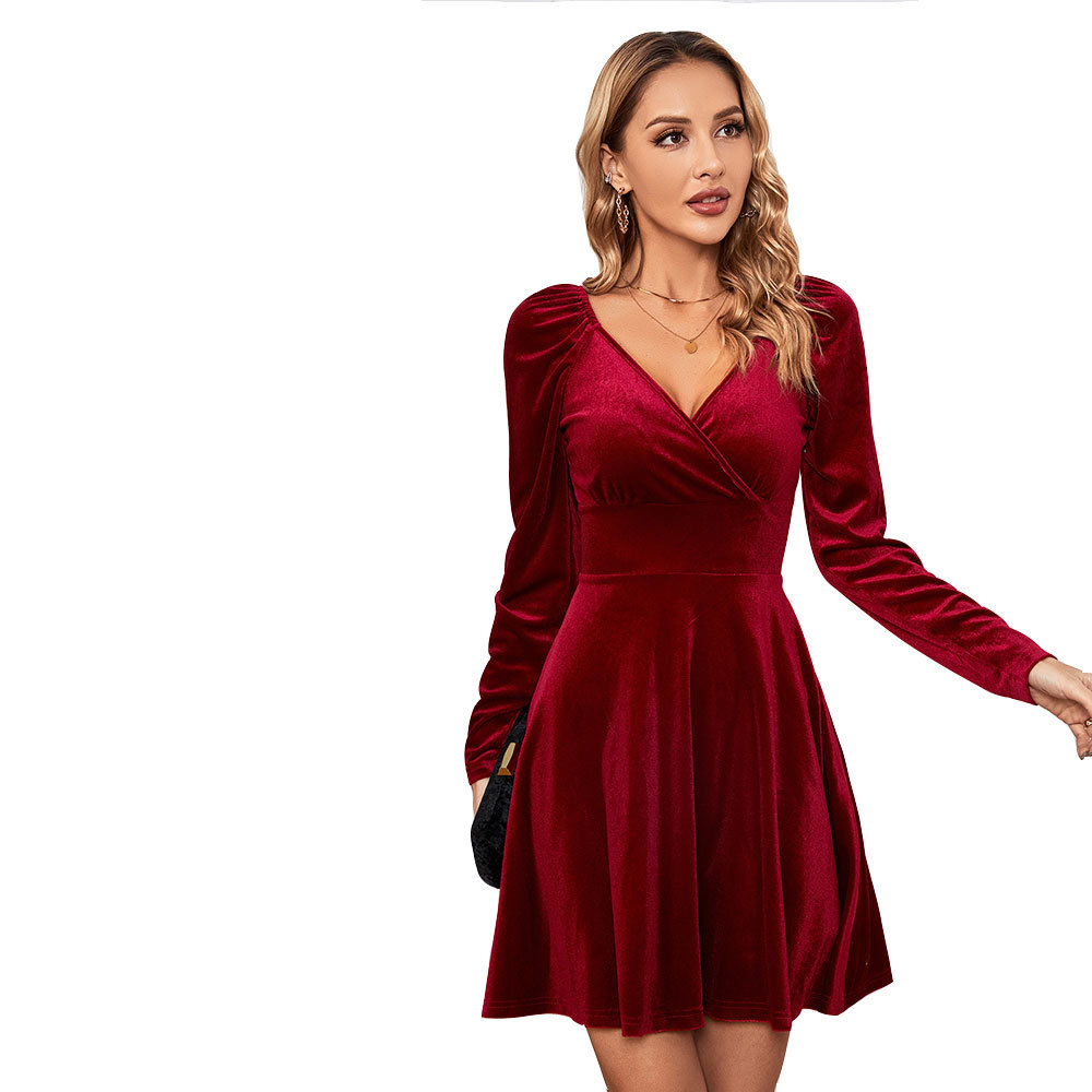 Autumn Winter V neck Waist Slim A line Velvet Dress Evening Gown