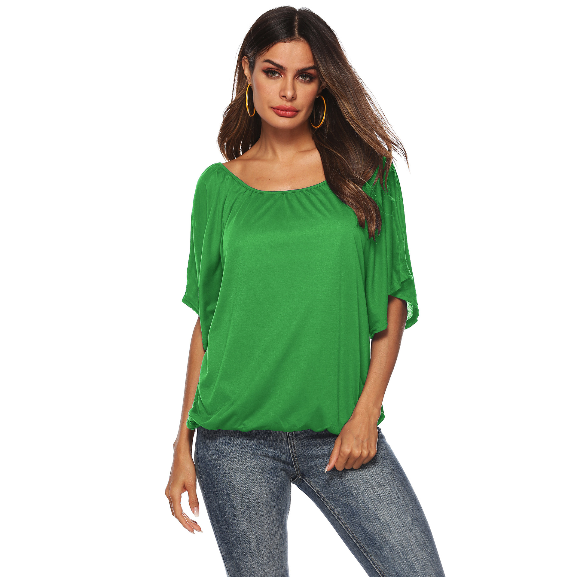 Womens Batwing Sleeve T Shirt Solid Color Round Neck Asymmetrical Hem Casual Wear Summer Style OEM Available