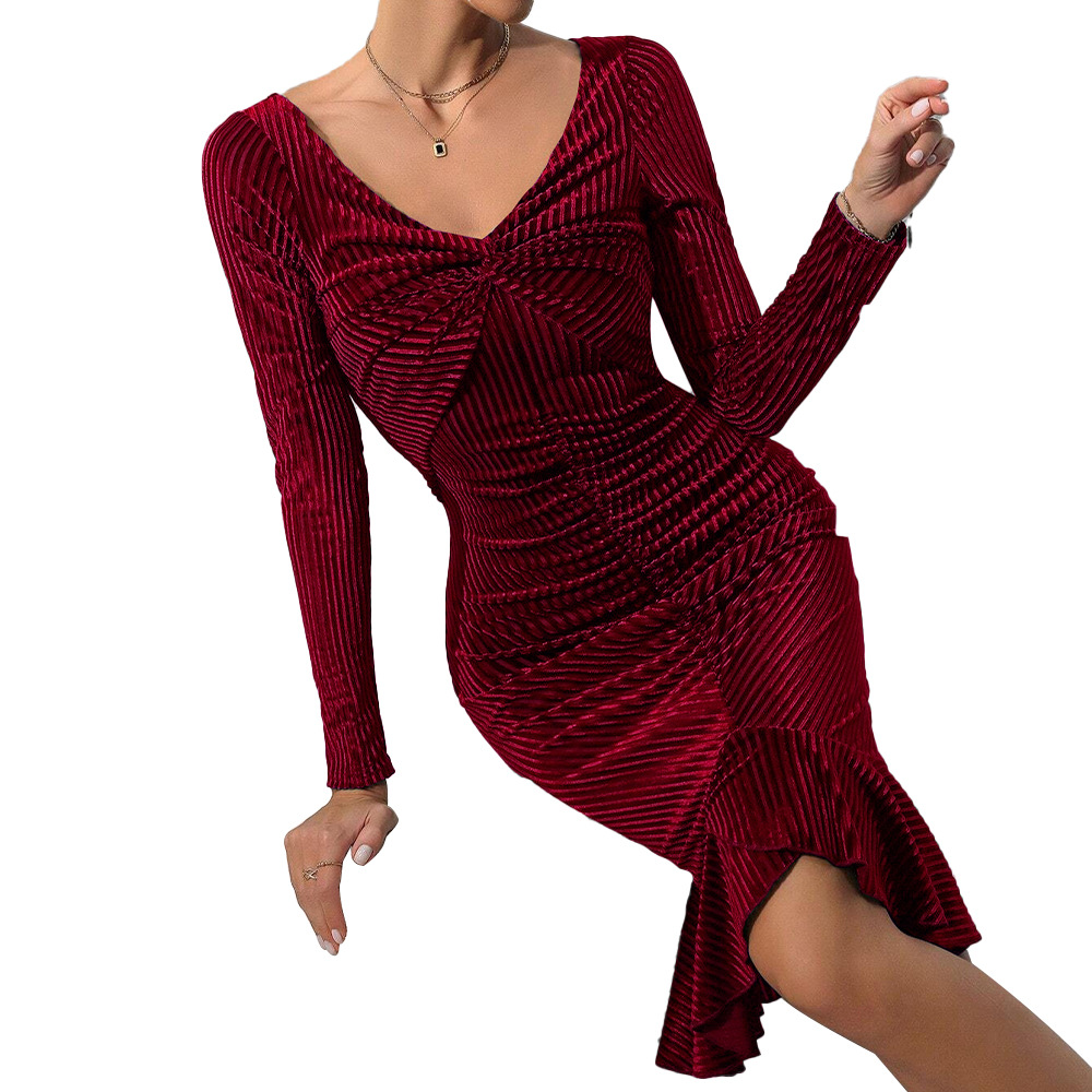 Sexy Small V neck Striped Velvet Slim Fit Hip Skirt Dress