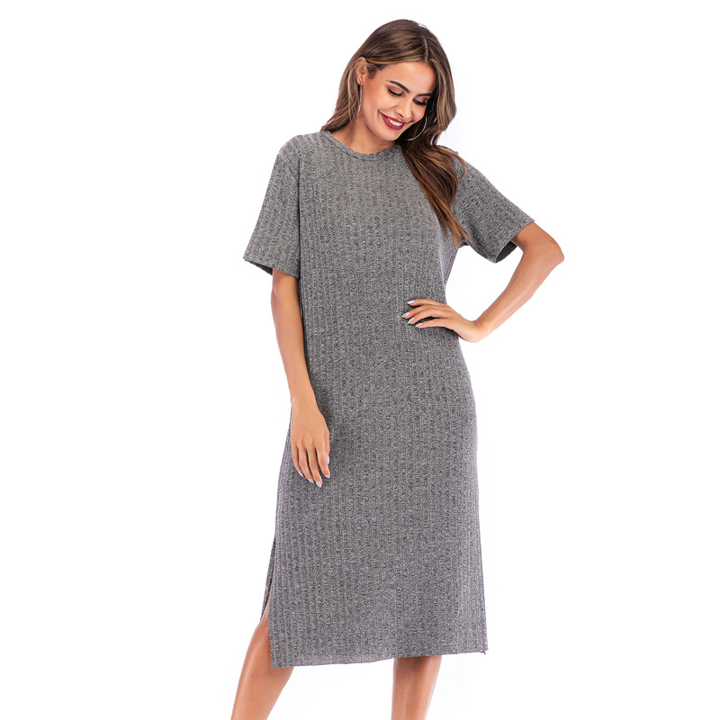 Womens Casual Solid Color Short Sleeve Round Neck Split Hem Dress Autumn Fashion Wholesale Available