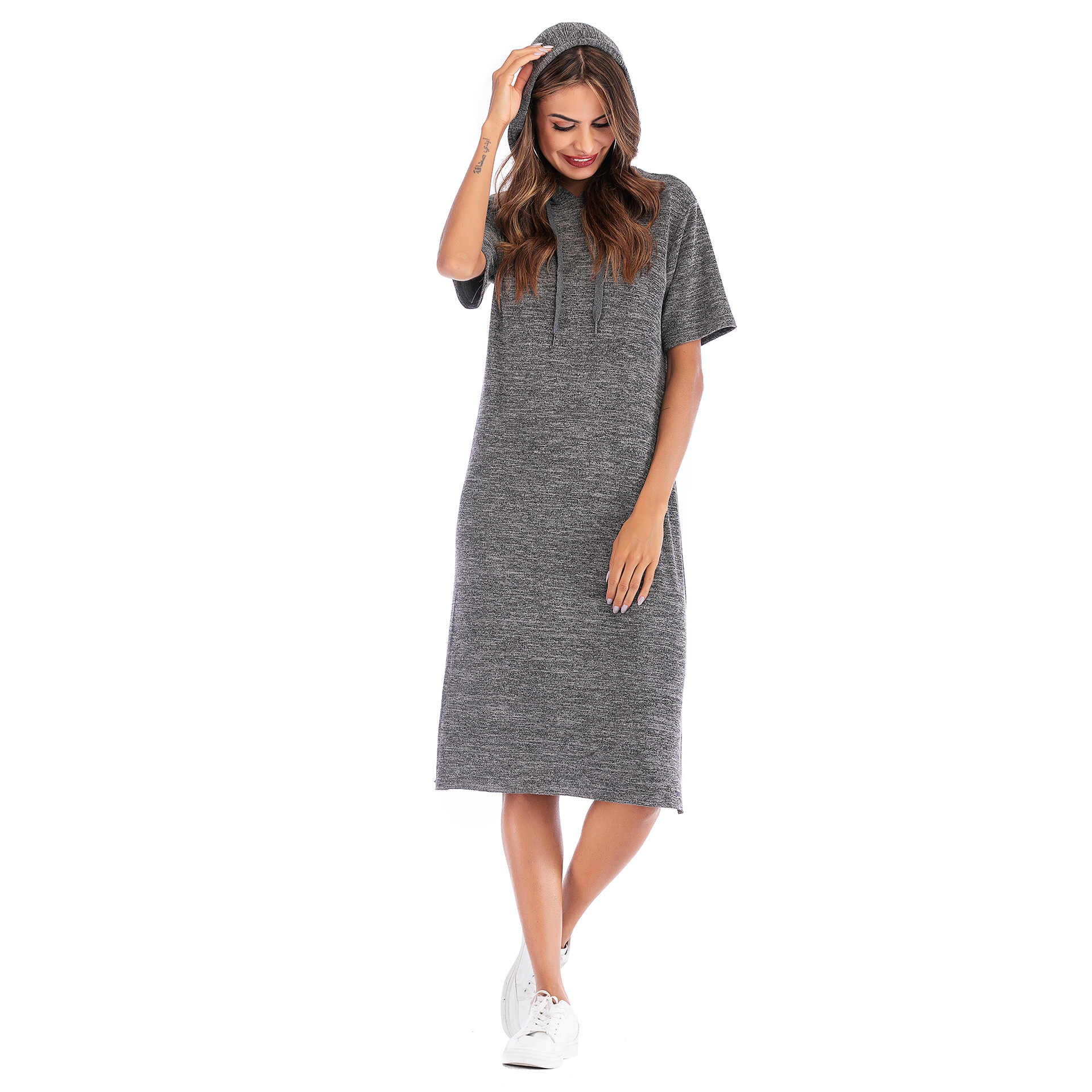 Womens Summer Dress Solid Color Short Sleeve Loose Fit Hooded Side Slit Casual Wear Wholesale Available