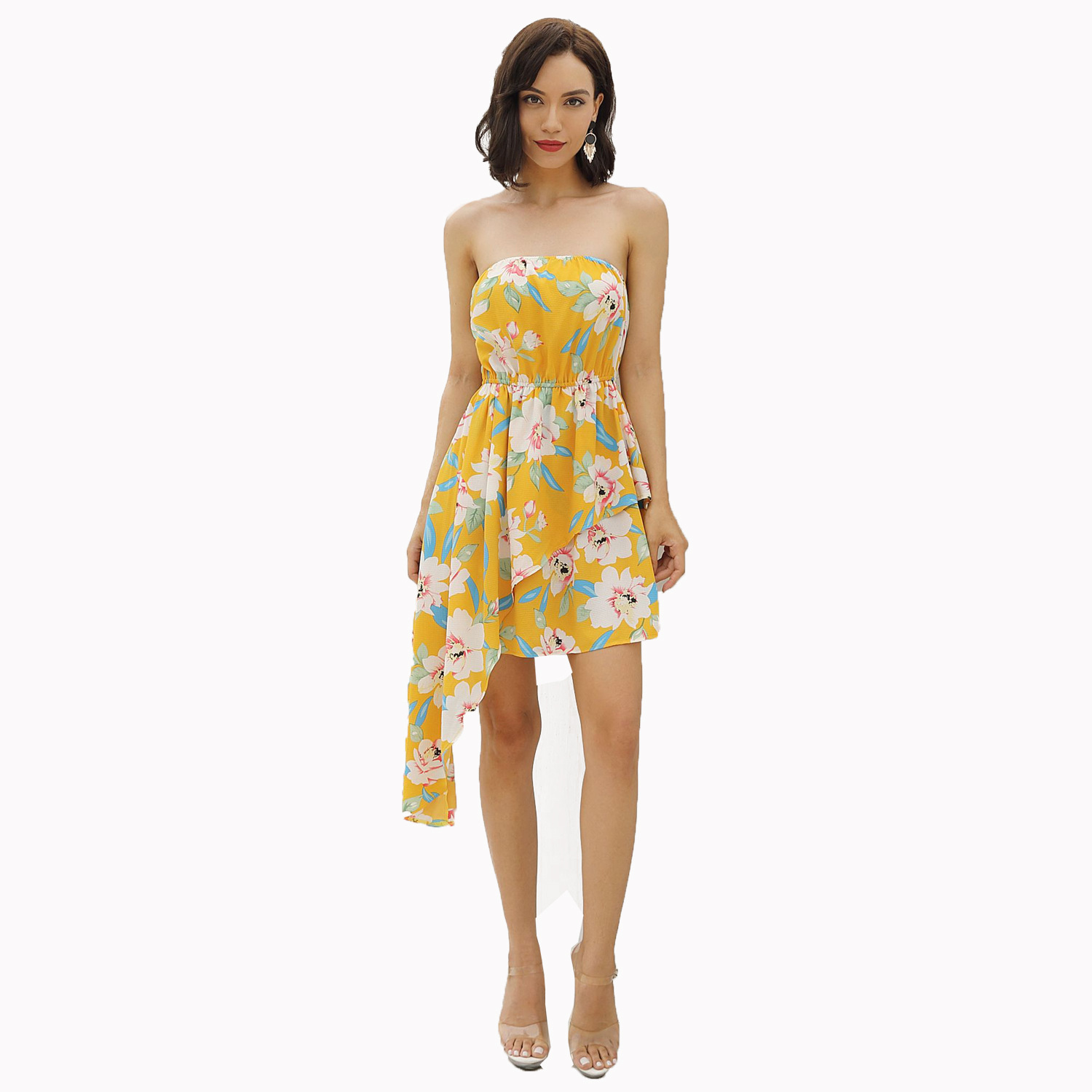Irregular Floral Print Strapless Dress Womens Vacation Wear Elegant Evening Gown Wholesale Available