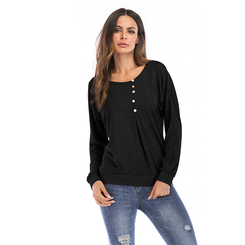 Womens Long Sleeve T Shirt Loose Fit Solid Color Button Detail Casual Wear for Everyday Use Wholesale Available