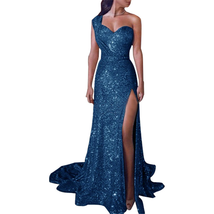 Elegant One Shoulder Sleeveless Dress Gold Foil Detail High Slit Long Length Perfect for Evening Events Wholesale