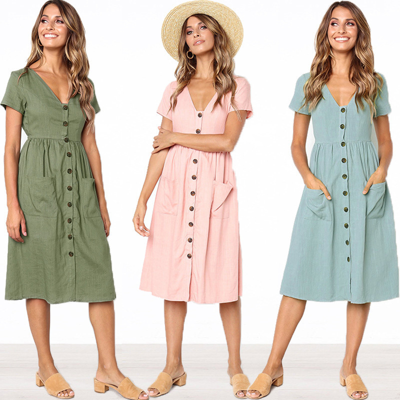 Summer High Waisted Dress V Neck Button Closure Pocket Design Available in Eight Colors Wholesale Supply
