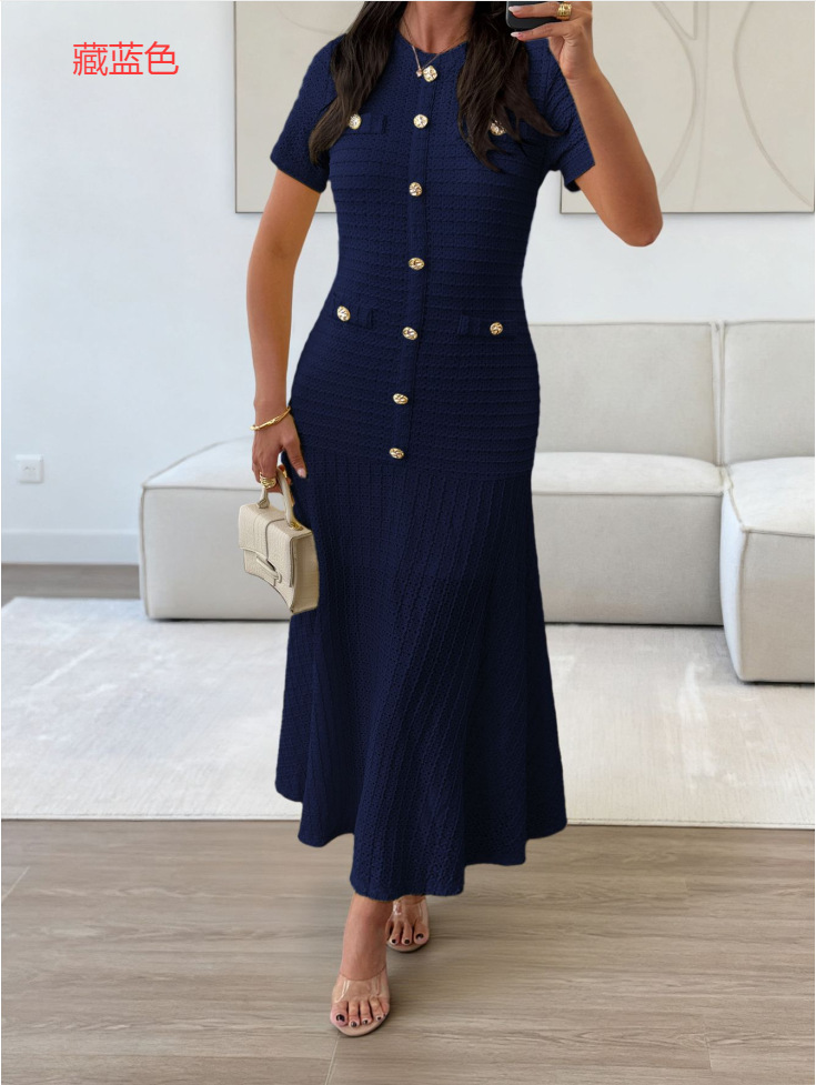 European and American Simple Elegant Button Short Sleeve Long Dress for Women Autumn and Winter