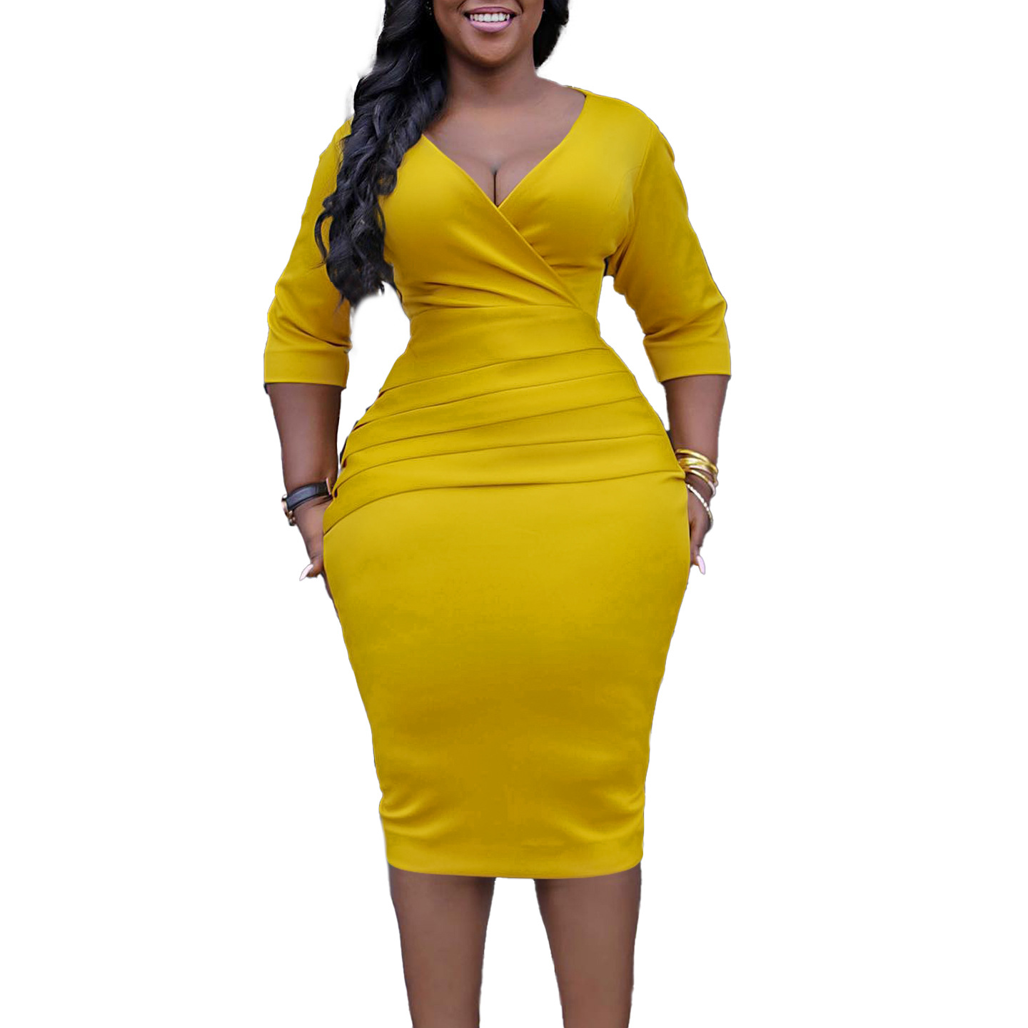 V Neck Elegant Bodycon Dress for Women, Plus Size African Style, Office Wear, Cross Border Fashion, Ideal for Trade Shows