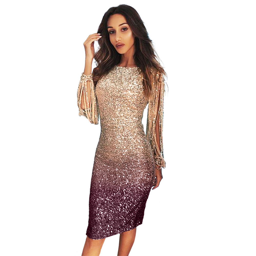 Mini Dress Gradient Color Sequin Fringe Sleeves Slim Fit Evening Party Wear Wholesale Available