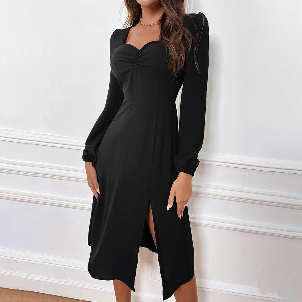 New European and American Women's V neck Split Long Sleeve Dress Slim Fit Mid length Dress