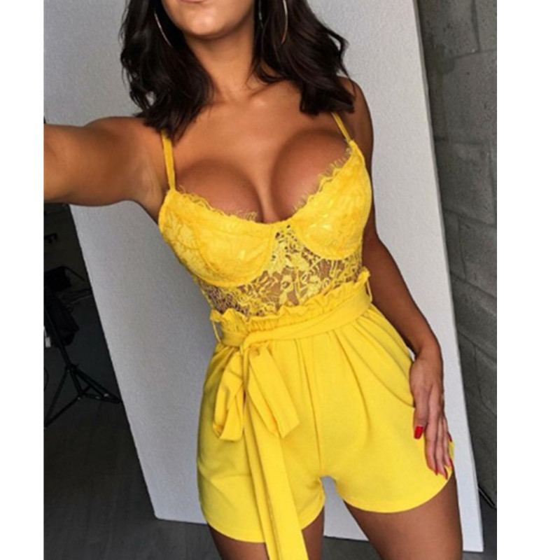 Lace Jumpsuit for Women Summer Sleeveless V Neck Belted Sexy Perfect for Parties or Casual Outings Ready to Ship