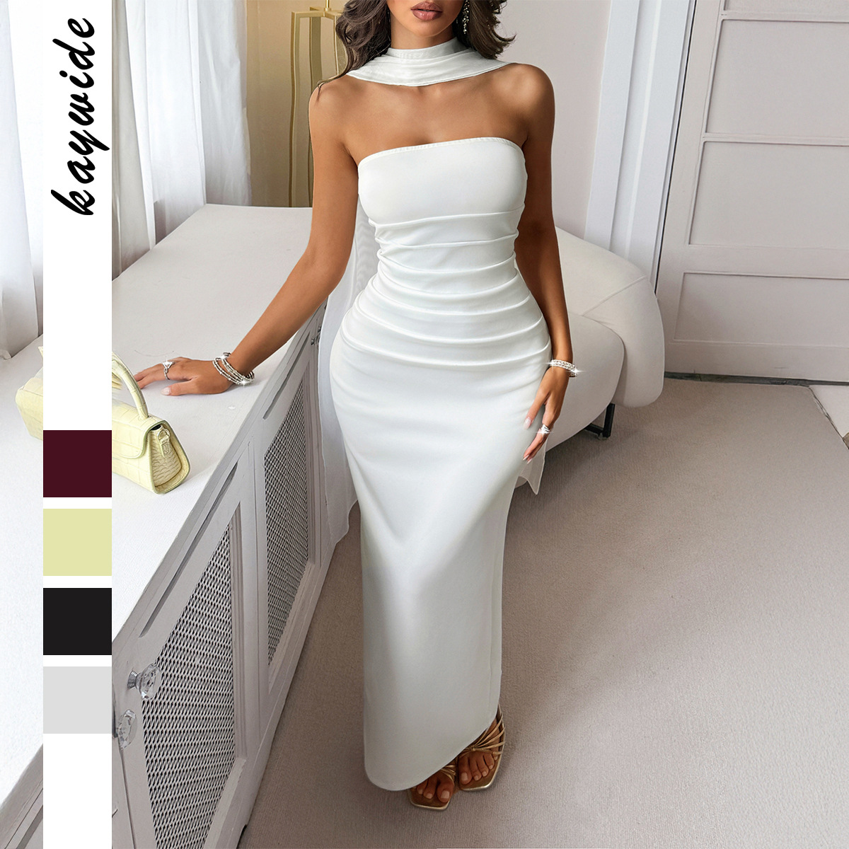 Elegant Tie up Solid Color Bodycon Dress for Women Autumn Winter