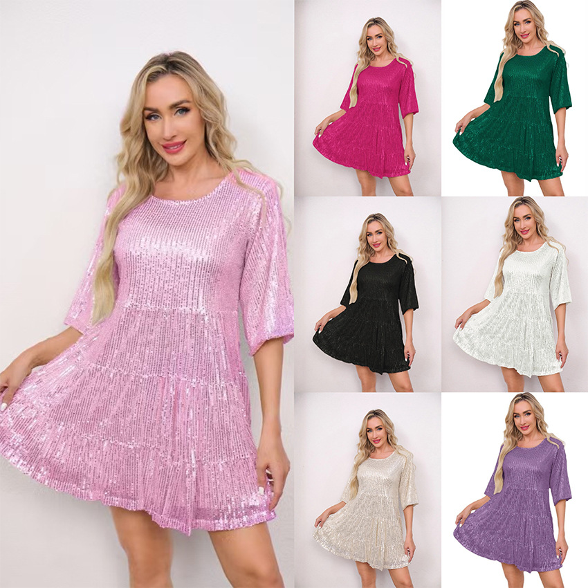European and American Market, Fashionable Short Sleeve Sequin Dress — Loose Fit, Solid Color, Elegant Design — Party, Evening