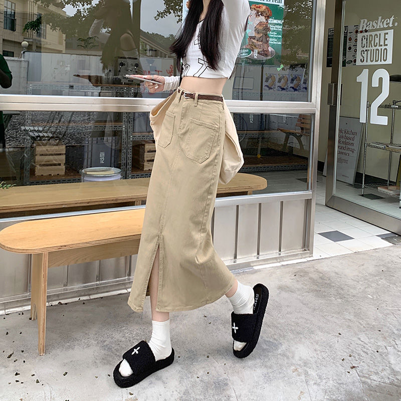 High Waisted A Line Denim Skirt Slimming Fit Vintage Style Mid Length Side Split Perfect for Casual Wear